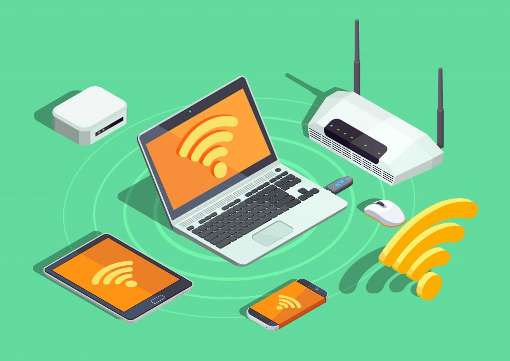 Wireless technology devices isometric poster with laptop printer smartphone router and wifi internet connection symbol vector illustration